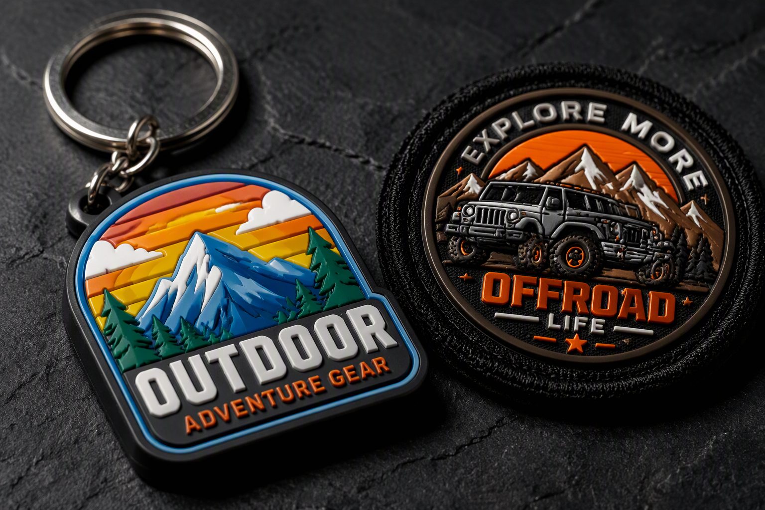 Close-up: 3D soft-PVC keychain and velcro patch detail